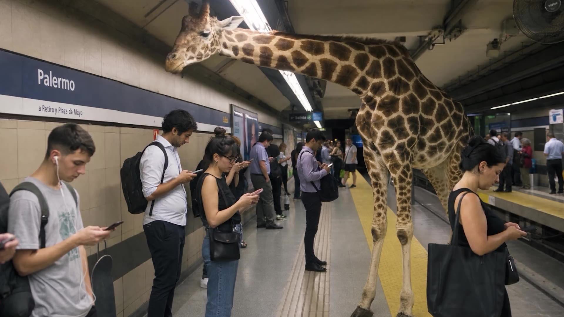 Andén del subte de Buenos Aires en hora pico, con una jirafa que asoma la cabeza bajo el techo