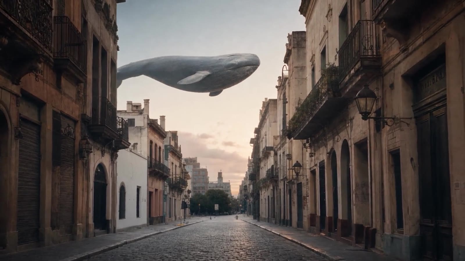 Una ballena flotando sobre una calle de San Telmo al atardecer