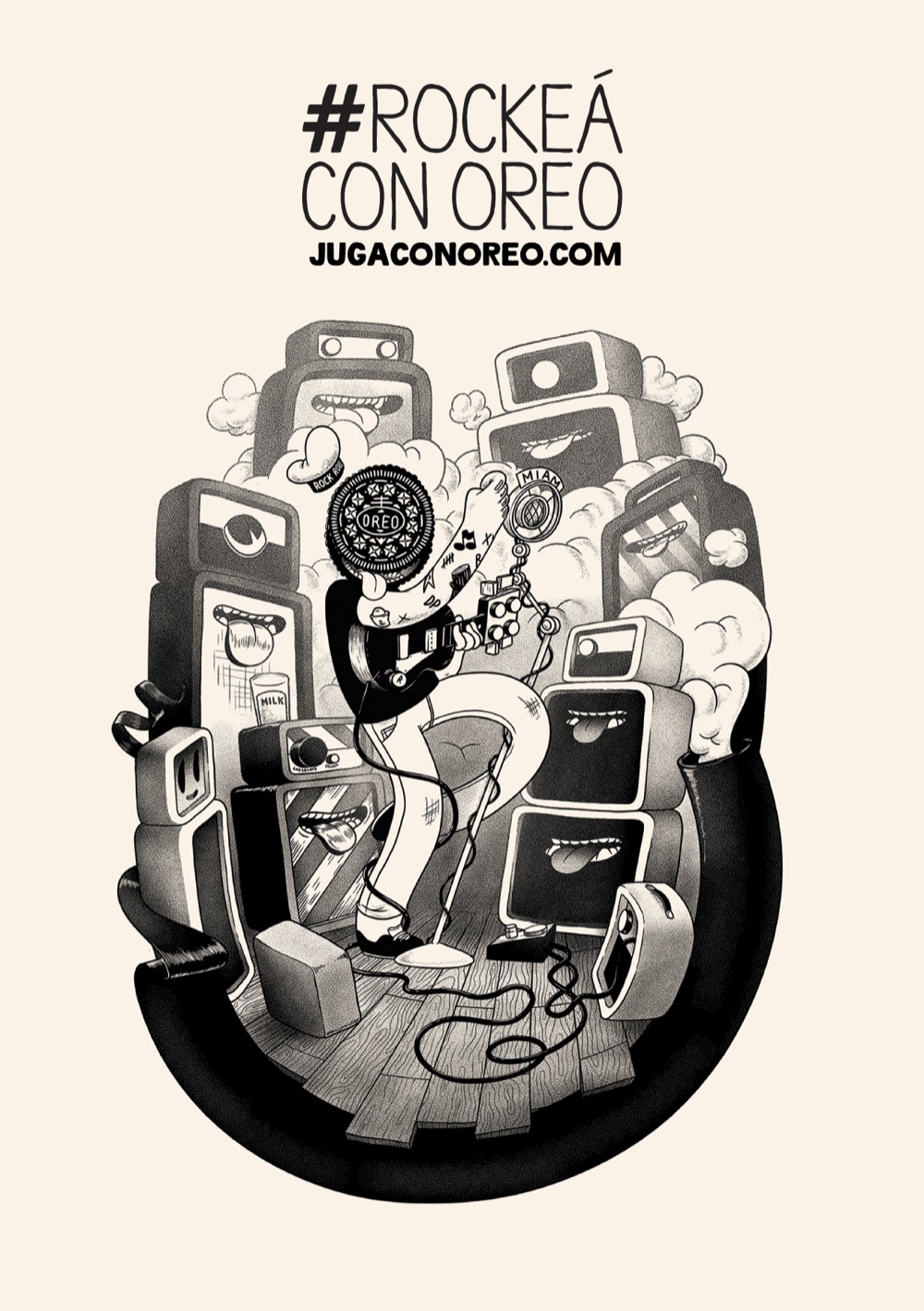 Póster ilustrado de Jugá con Oreo: rockea
